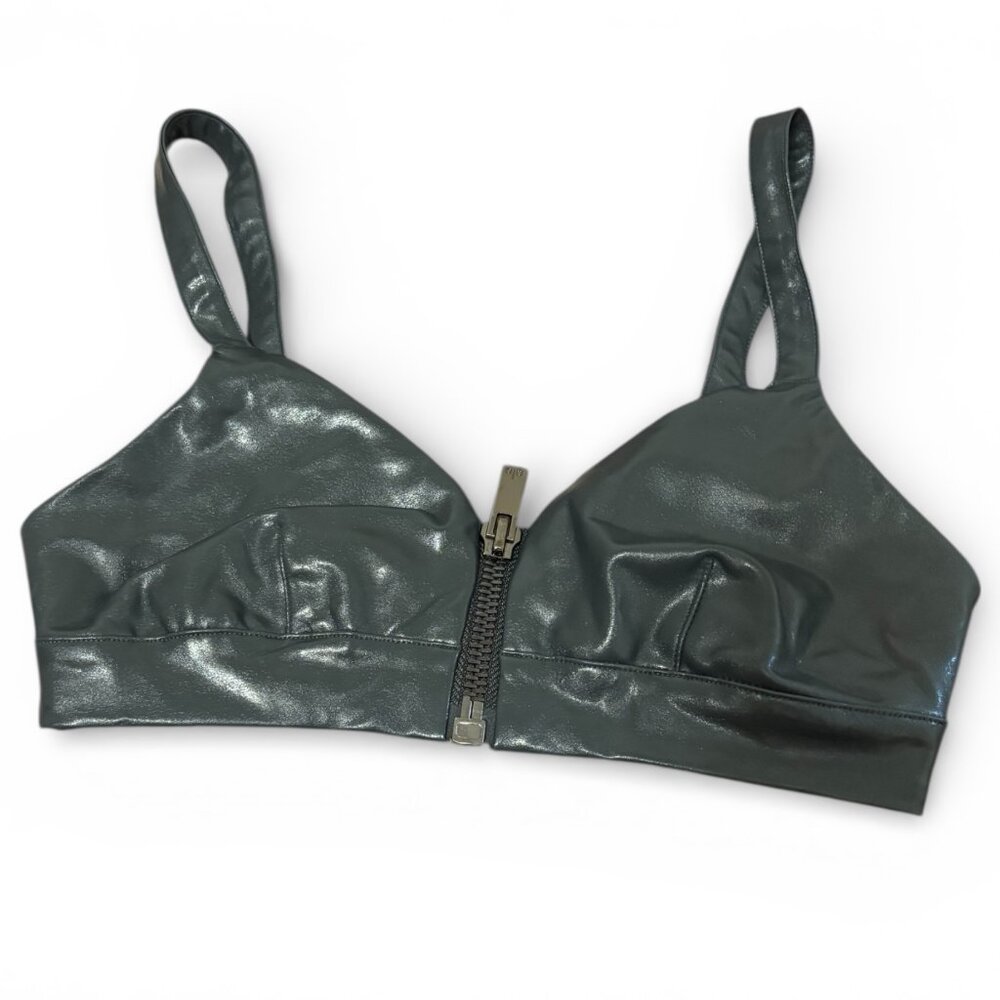 Alo Yoga Faux Leather Zip Front Sports Bra Shiny Gray Size S Athleisure